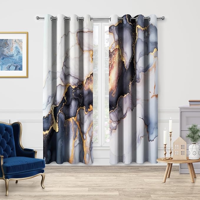 Jekeno Marble Curtains Abstract Gold Grey Black Brick Stone Wall Design Home Bedroom Living Room Decor Room Darkening Grommet Window Drapes 2 Panel Set, 52"x63"