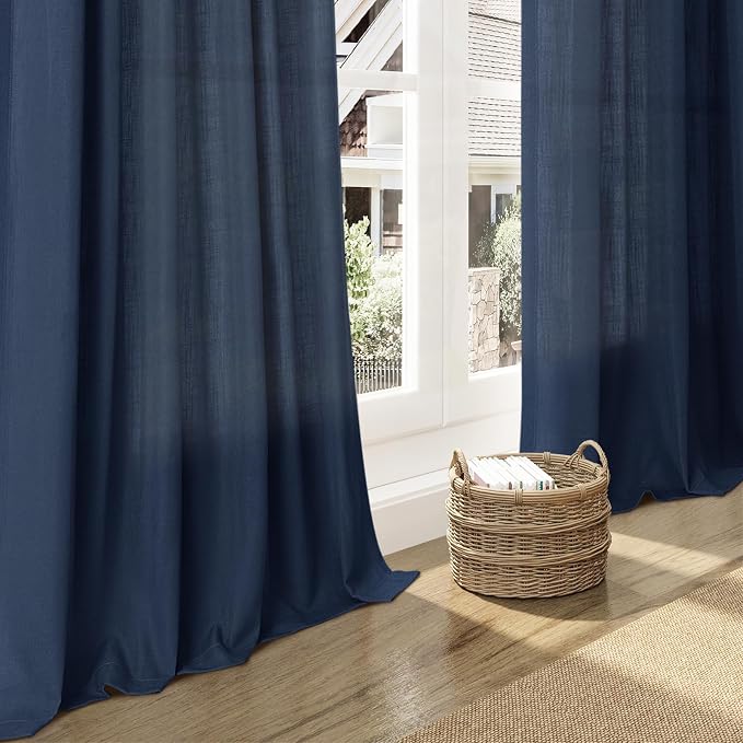 Extra Long Denim Blue Linen Curtains 120 Inch for Living Room 2 Panels Set Rod Pocket Back Tab Linen Window Drapes Semi Sheer Light Filtering Privacy High Ceiling Drapes for Farmhouse 52x120