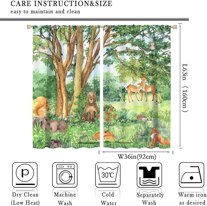 YCness Forest Animal Curtains, Watercolor Wild Animal Bear Fox Deer Kids Window Treatments for Living Room Bedroom,Green Woodland Tree Kids Drapes 2 Panel Sets,72x63 Inch, Style-1
