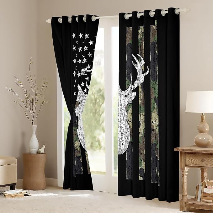 American Flag Curtains For Bedroom,Deer Hunting Window Curtains Army Green Military Camo Window Drapes 52"Wx90"L For Living Room,Western Farmhouse Stars Stripes Window Treatments 2 Panel Set