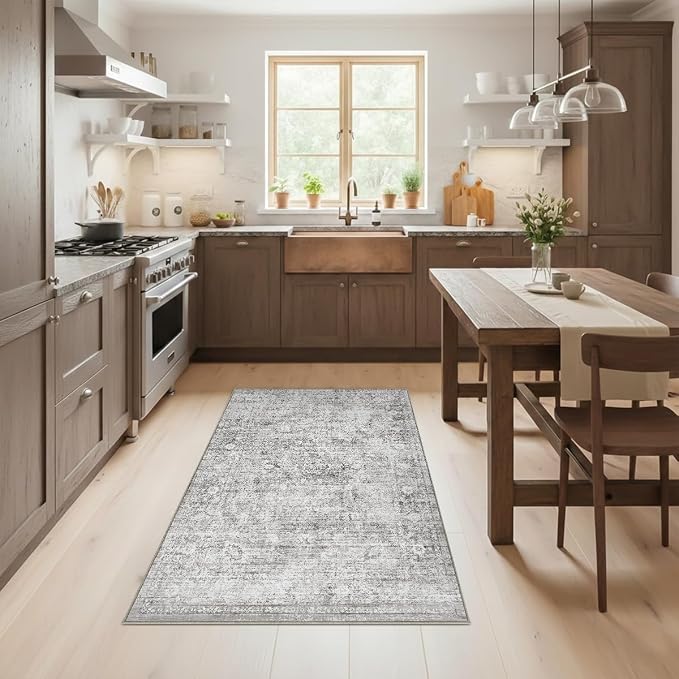 Homemate Washable Rug 4x6 Area Rugs - Vintage Faux Wool Rugs for Living Room Bedroom Dining Room - Non Slip Foldable Carpet Indoor Area Rug for Home Decor（4'x6', Grey