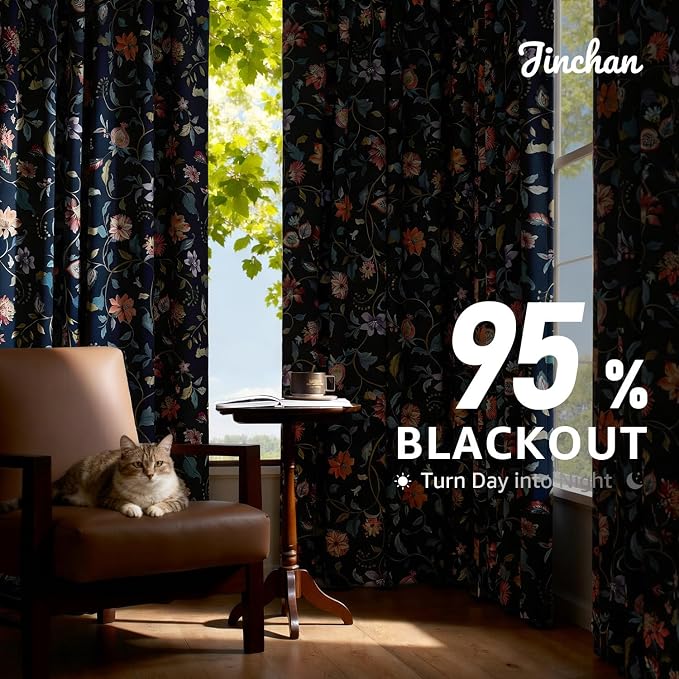 jinchan Hattie Dark Blue Floral Blackout Curtains 63 Inch Length – Room Darkening Drapes for Bedroom, Home Office & Study, Elegant Vintage Floral, Cozy Light Blocking, Set of 2 Panels Back Tab