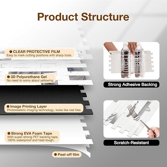 Peel and Stick Backsplash Tile Waterproof Removable PVC Wall Sticker 3D Faux Stone Marble Brick White Accent Panels (White Marble - Metal Silver, 40 Tiles - 18 sq. ft. (1.68 m²)