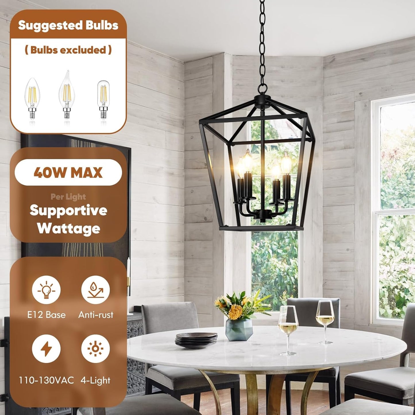 Farmhouse Chandelier 4-Light, Black Pendant Light Fixture for Kitchen Island Dining Room, Lantern Industrial Lighting Ceiling Hanging with Metal Cage Adjustable Height for Entryway Foyer
