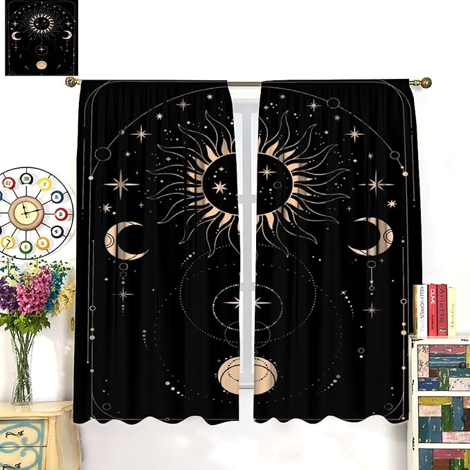 Golden Sun Moon Blackout Curtains, Abstract Modern Boho Sun Moon Star Window Drapes, for Bedroom Living Room 63" W X 72" L