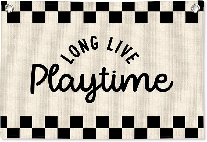 Long Live Playtime Black and White Checkered Boys Room Decor - Linen Banner Wall Hanging Canvas Banner Flag Decor for Toddler Boy Bedroom Nursery Playroom