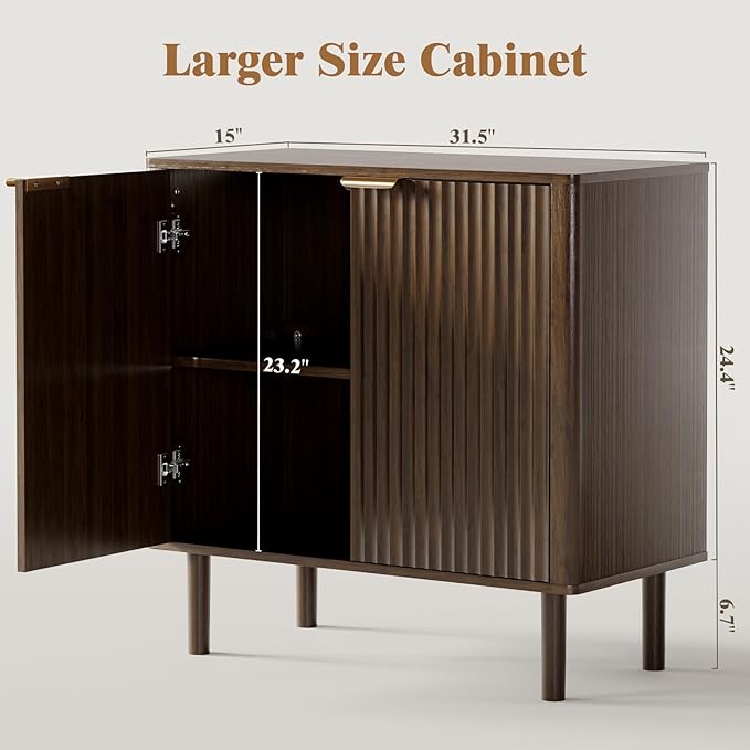 IKALIFE Sideboard Buffet Cabinet with Storage, Modern Fluted Accent Credenza with Doors & Adjustable Shelves, Wood Coffee Bar Console Table for Living Room, Dining Room, Kitchen, Entryway 31.5"Walnut