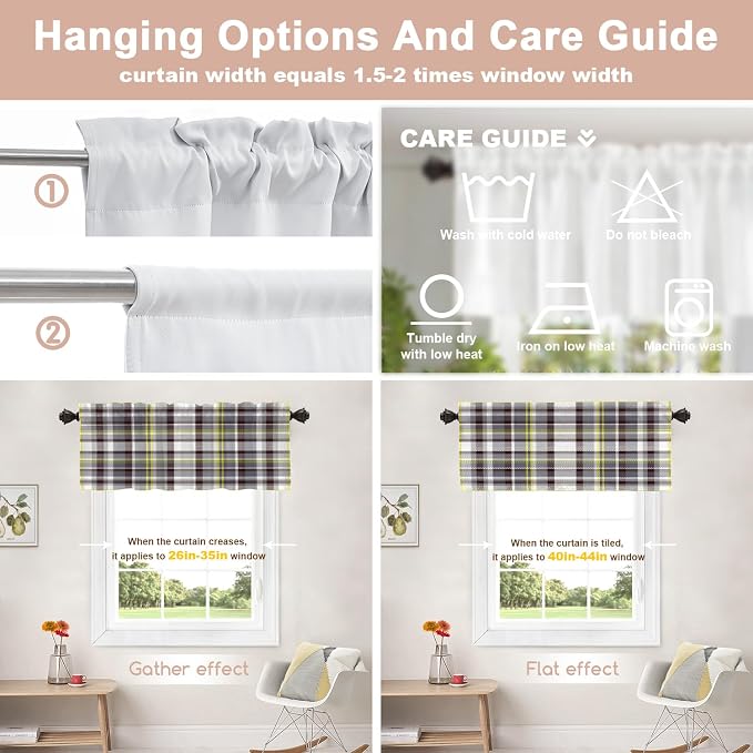 Shrahala Grunge Vintage Art Plaid Blackout Short Curtains for Windows,Tartan Grey Kitchen Curtains Sets for Windows Thermal Insulated Bathroom Window Curtain 2 Pack 52 X 16 in