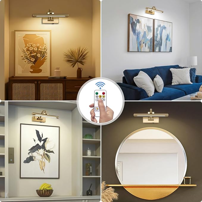 Tassuowell Rechargeable Picture Light with Remote Control,12 Inch Brass Finish Adjustable Wireless Art Lighting Fixture,Painting Lights with Timer,3 Color Temperature and Dimmable