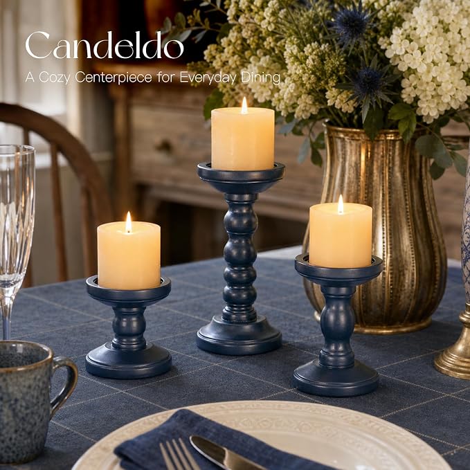 Candeldo Wooden Candle Holders Pillar: Navy Blue Candlestick Holders Table Centerpiece Blue Kitchen Decor Rustic Farmhouse Coastal Decorations for Fireplace Mantle