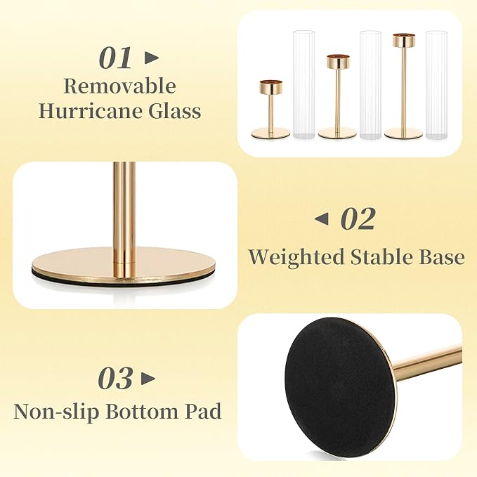 Hewory Gold Hurricane Candle Holders: 12 PCS Tall Taper Candlestick Candle Holders Bulk for Candlesticks Candle Sticks Holder Decor for Table Centerpiece Wedding Party Christmas Decorations