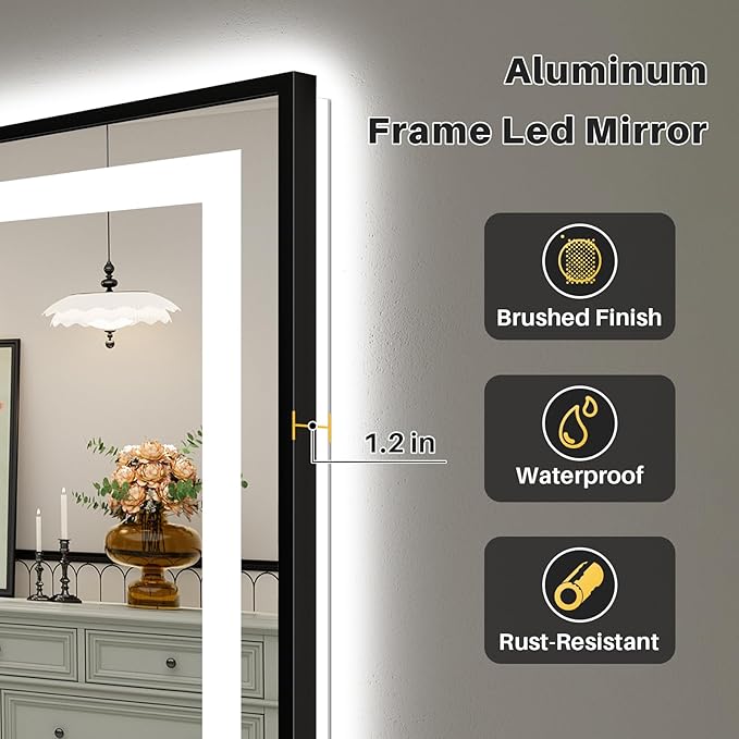 55x36 Inch LED Bathroom Mirror with Black Frame, Backlit & Front Lit, Anti-Fog Lighted Bathroom Vanity Mirror for Wall, Memory Function, Dimmable, HD Tempered Glass, Shatter-Proof