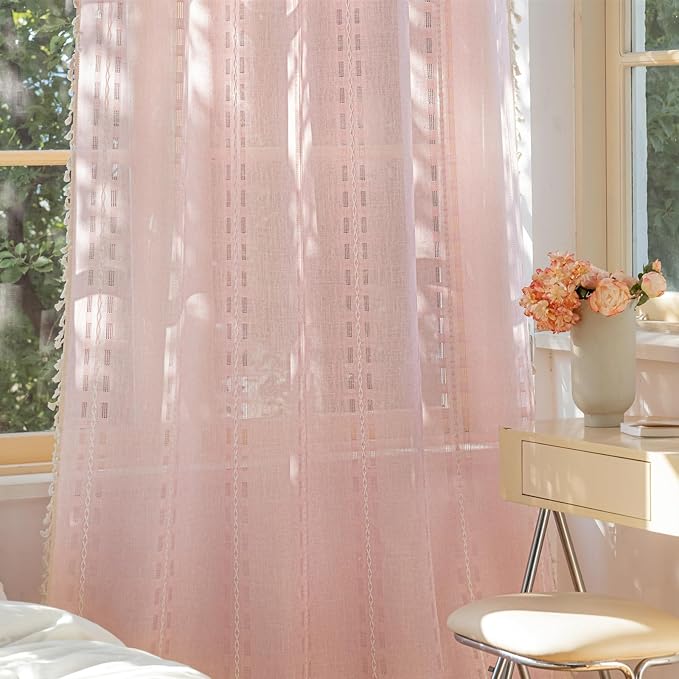Deeprove Blush Pink Boho Curtain 84 inches Long for Living Room Bedroom, Vintage Bohemian Sheer Cotton Linen 84 inch Floor Length 7 FT Striped Embroidery Privacy Window Tassel W52 x L84, 1 Panel