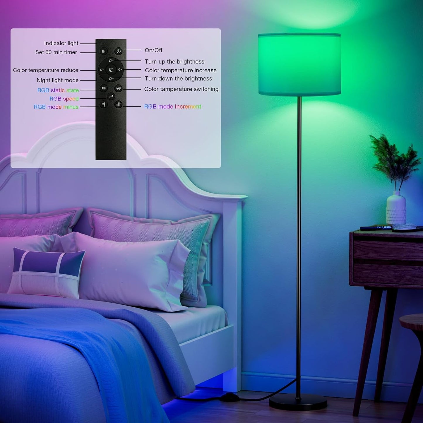 Ambimall Floor Lamp for Living Room with Smart Light Bulb, RGB + Stepless Dimmable Colors Temperature & Brightness(White Shade & Black Pole)