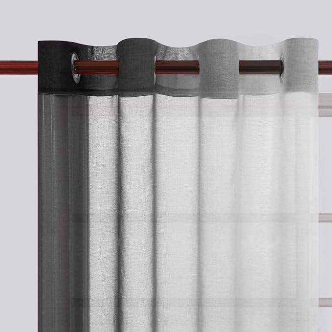 DWCN Black Ombre Short Sheer Curtains - Faux Linen Semi Voile Gradient Light-Filtering Bedroom and Living Room Curtains, Set of 2 Grommet Top Window Drape Panels, 52 x 45 Inch Length