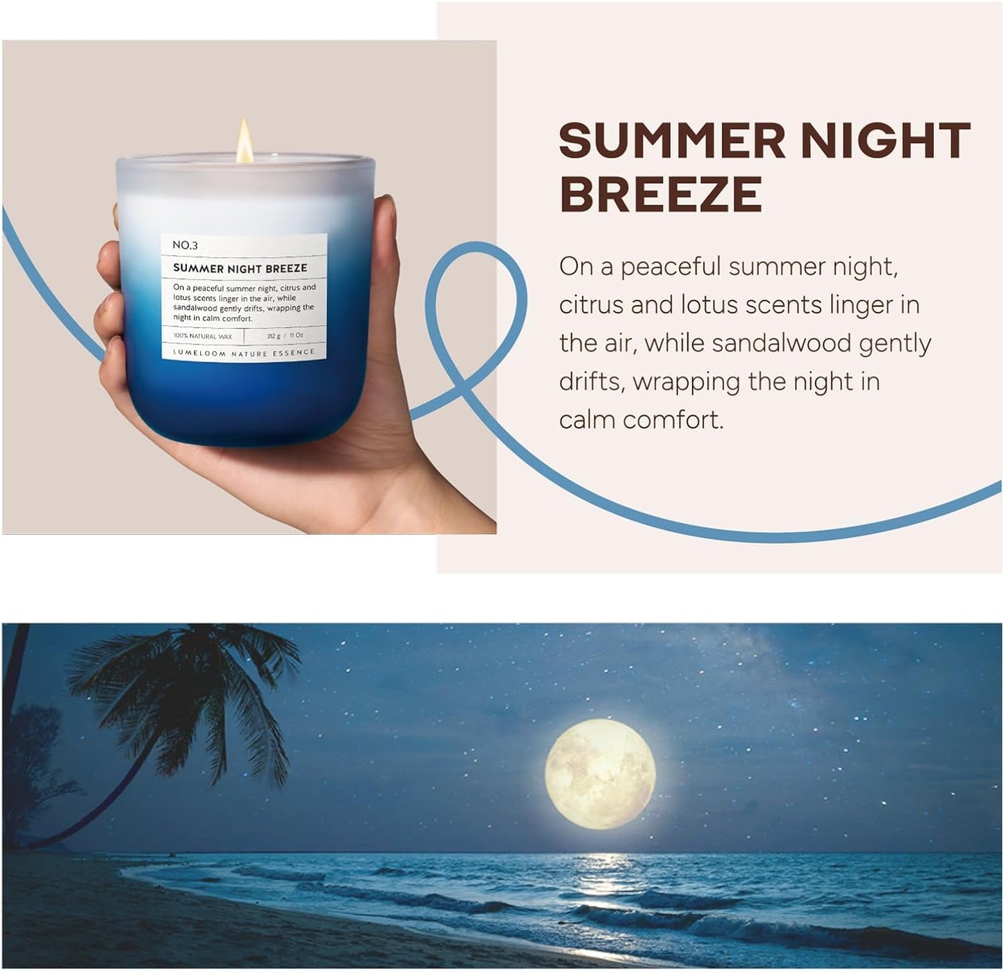 Summer Night Breeze Scented Candle, 11oz Aromatherapy Soy Wax Candles for Home Scented, Long Lasting, Fruits, Flower, Wood Scent Gift for Men, Women, Friends, Relaxation & Stress Relief
