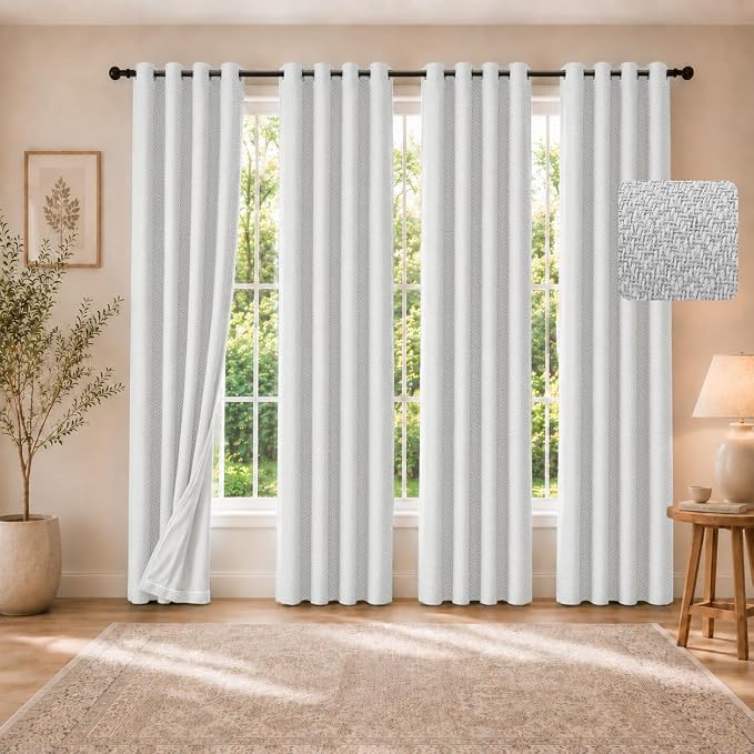 4 Panels 100% Blackout Linen-Textured Curtains, Thick Thermal Insulated Grommet Drapes with Subtle Herringbone Weave, Luxury Decor for Bedroom/Living Room, 54 x 84 Inches, Off-White