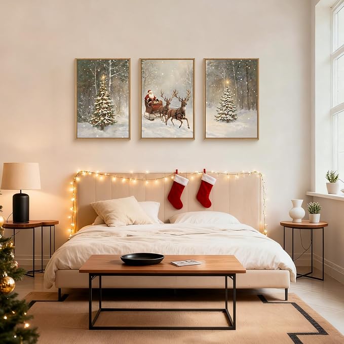 LHIUEM Christmas Santa Reindeer Framed Canvas Wall Art Set,Vintage Trees Snowy Wall Decor,Sleigh Deer Forest Winter Wall Printing for Living Room,Bedroom,Dining Room,Office -24"x36"x3