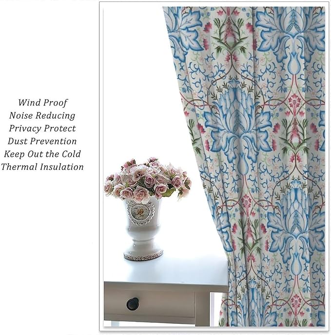 William Morris Floral Blackout Window Curtains, Watercolor Vintage Flower Art Style Printed Window Drapes, for Living Room Bedroom 27.5(W)*63(L) 2 Panels