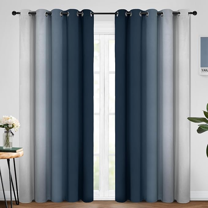 Yakamok Ombre Curtains Navy Blue and Greyish White for Living Room,62Wx84L | Room Darkening Curtains 84,Thermal Insulated Gradient Color Drape,Light Blocking Grommet Window Curtains for Bedroom,2 Panels