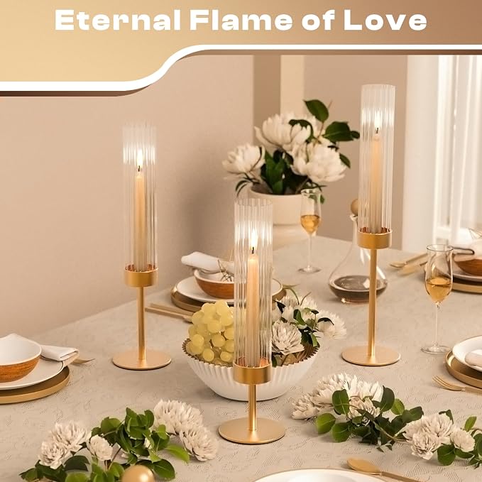 Gold Hurricane Candle Holders: Fluted Tall Candlestick Holders for Wedding Brass Taper Candle Holder Modern Candle Sticks Holder Decor for Table Centerpiece Christmas Party Home Set of 3