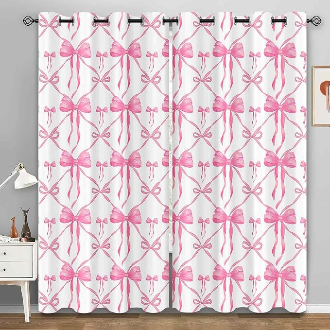 LUVIVIHOME Pink Bow Curtains, Cute Preppy Coquette Blackout Curtains for Girls Bedroom Living Room, Modern Aesthetic Bowknot Girly Room Decor, Grommet Window Drapes 2 Panel Sets, 52x63 Inch