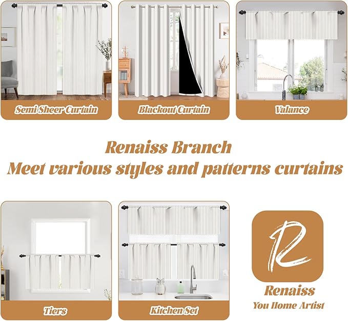 Renaiss 42 x 54 Inch Striped Short Curtains for Kitchen Windows Over Sink Country Taupe Pinstripe Curatin Linen Farmhouse Cafe Bathroom Small Curtains Rod Pocket Window Treatment Tiers 2 Panels