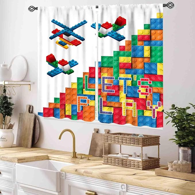 Building Blocks Curtains for Boys Room, Abstract Colorful Plastic Building Brick Blocks Geometric Helicopter Aircraft Pattern Window Drapes for Baby Bedroom Living Room, 55x39 Inch