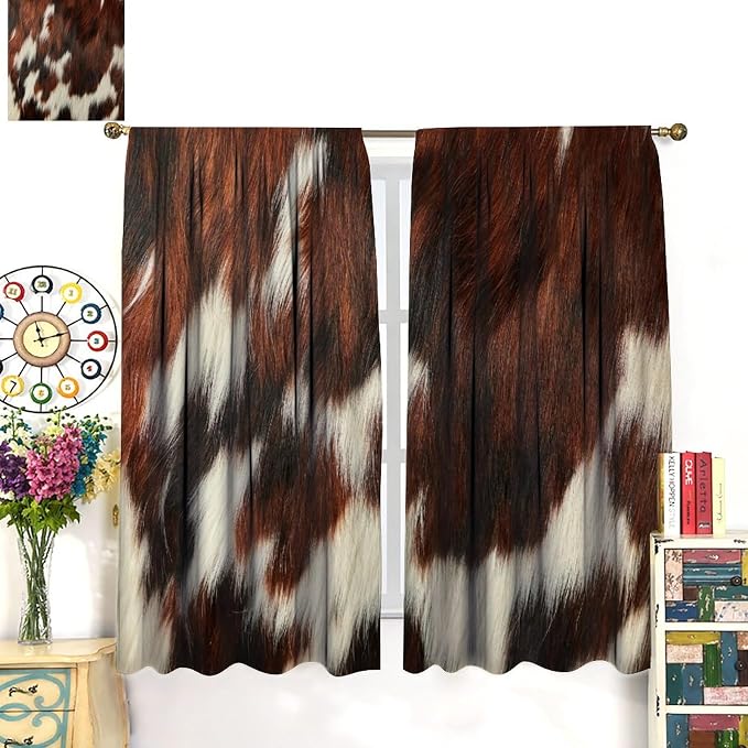 Cow Blackout Curtain,Animal Print Brown Cowhide Western Rustic Farm Farmhouse Window Treatments Rod Pocket Curtain for Bedroom Living Room Kitchen Decor Drapes 55x63in