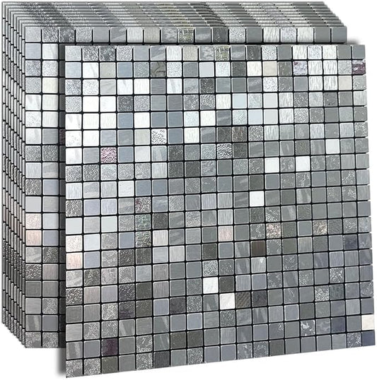 10-Sheet Peel and Stick Metal Backsplash Tile Stick on Kitchen 3D Wall Decor Aluminum Mosaic Tiles for Bathroom, 12"x12"x0.15" (10, Mixed Silver)