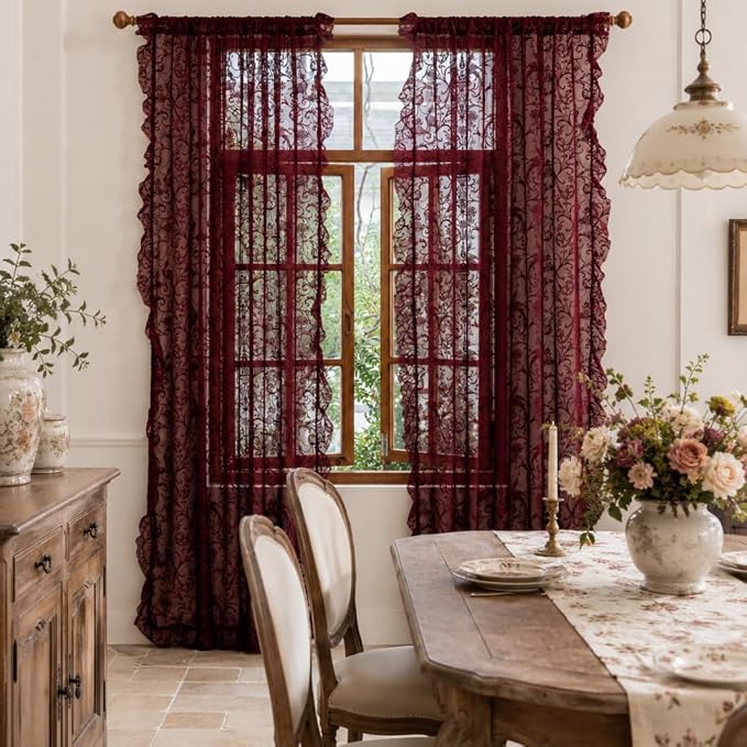 TUDECO Lace Maroon Curtains 96 Inches Long 1 Pair - French Floral Sheer Burgundy Curtains for Living Room, Art Decor Rod Pocket Ruffled Edges Dark Wine Red Drapes, 59 x 96 Inch, Burgundy