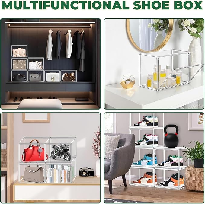 6 Pack Clear Shoe Box Size 15, X-Large Acrylic Purse Display Case with Magnetic Lid 14.1 x 8.9 x 10.6'' Transparent Storage Box for Shoes, Collectibles, Action Figures, Cosmetics, Craft Showcase