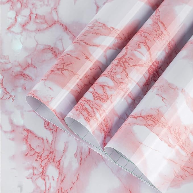 Extra Wide Marble Contact Paper Granite Peel and Stick Wallpaper Pink Glossy 31.5x354 inch Countertop Contact Paper for Kitchen Bathroom Self-adhesive Waterproof Decorative Film Marble Vinyl Wrap