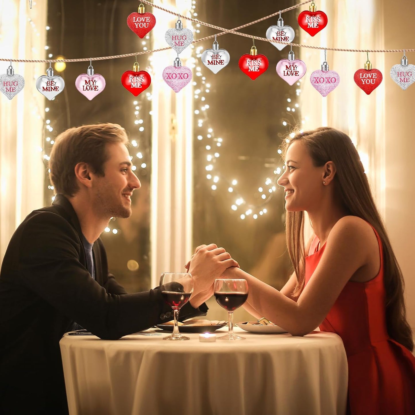 JULMELON 24Pcs Valentine's Day Heart Shaped Ornaments Romantic Valentines Conversation Heart Hanging Ornaments Decorations for Home Party Wedding Decor (Red, Pink and Silver)