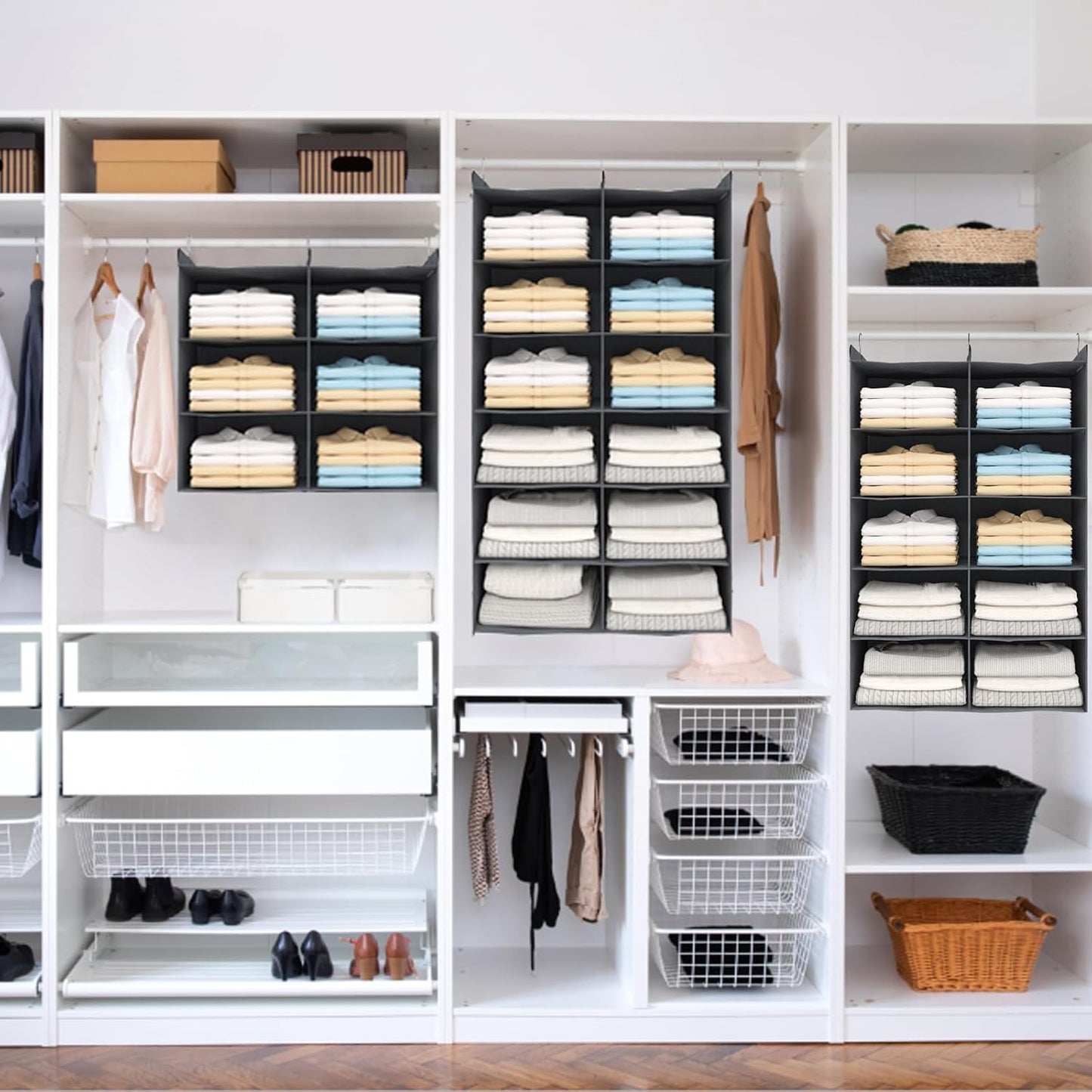 4 Tier Shelf Hanging Closet Organizer, Dual-Row 8 Pocket Cloth Hanging Shelf with 3 Sturdy Hooks for Storage, Foldable (Grey)