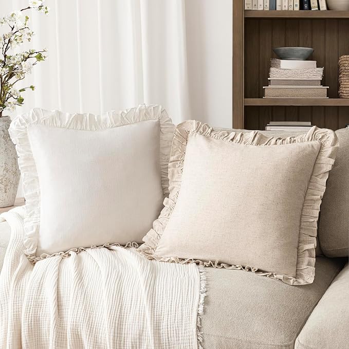 Foindtower Set of 2 Decorative Soild Fringe Ruffle Throw Pillow Covers Soft Boho Farmhouse Cushion Cover Cozy Accent Retro Pillowcase for Couch Sofa Bed Living Room Home Decor,22×22 Inch,White