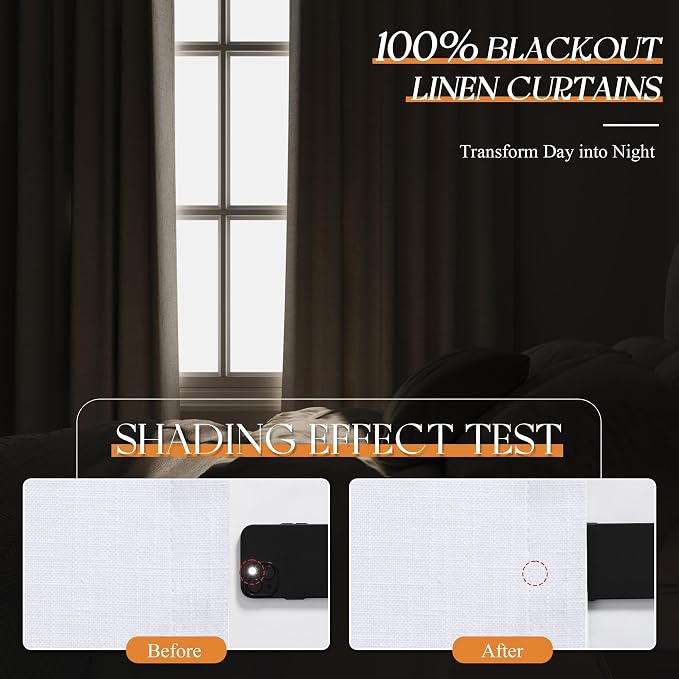 Jowels White Linen Blackout Curtains 118 Length 2 Panels Set for Living Room Bedroom, 100% Black Out Thermal Insulated Linen Drapes, Room Darkening Grommet Curtains 118 Inches Long