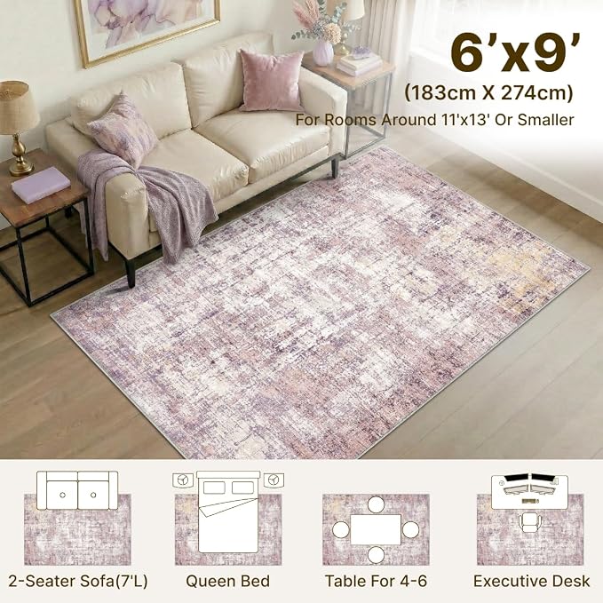 6x9 Area Rugs Washable Living Room Rug-No Slip Soft Carpets Modern Abstract Indoor Floor Stain Resistant Carpet for Bedroom Dining Room Farmhouse Nursery Home Office Pink