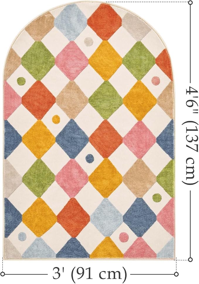 jinchan Macy Arched 3x5 Washable Kids Area Rug, Modern Colorful Checkered Diamond Rug for Nursery Kids Room Study Corner, Soft Low-Pile Non-Slip Doormat Dirt Trapping Chair Mat, Circus on Cream