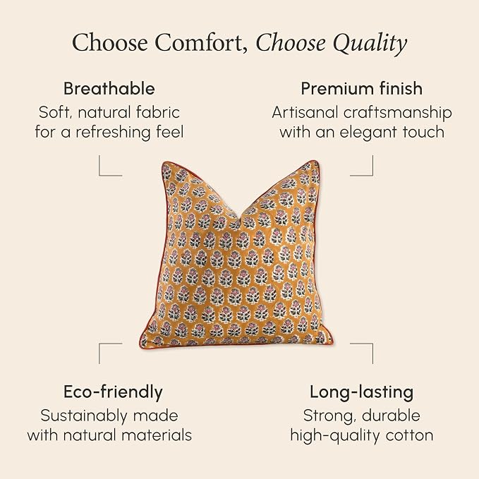 CPC 100% Cotton Throw Pillow Covers 20x20 Inch, Set of 2 Yellow Block Print Pattern Couch Pillow, Cute Boho Decorative Pillows for Living Room, Bedroom with Hidden Zipper- Yellow Citrine