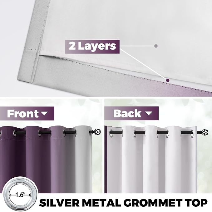 Yakamok 100% Blackout Curtains Ombre Purple Curtains for Bedroom 63 Inch | 2 Layers,Room Darkening Grommet Gradient Drapes,Light Blocking Thermal Insulated Window Curtains for Living Room 52W x 63 L