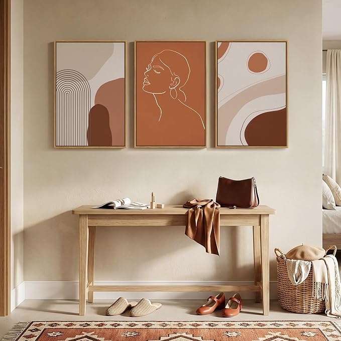 Framed Mid Century Modern Boho Wall Art for Living Room, 3 Piece Abstract Minimalist Line Canvas Artwork for Walls, Large Terracotta Tones Prints Paintings for Bedroom Hallway Wall Decor, 16x24 Inch