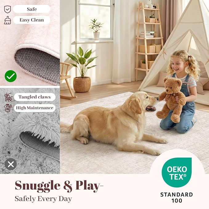 Homemate Washable Rug 5x7 Area Rugs - Vintage Faux Wool Rugs for Living Room Bedroom Dining Room - Non Slip Foldable Carpet Indoor Area Rug for Home Decor（5'x7', Beige