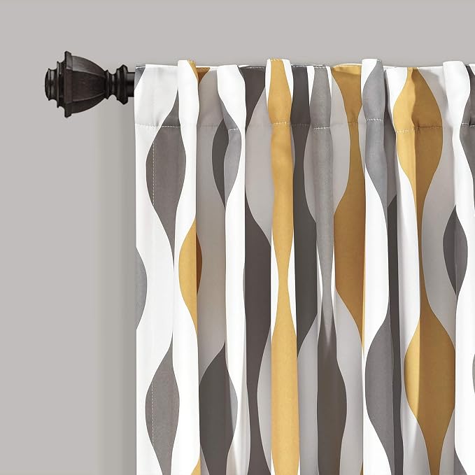Lush Decor Mid Century Geo Light Filtering Window Curtain Panel Pair, 52" W x 63" L, Gold & Gray