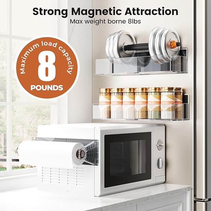 Mystozer Magnetic Spice Rack for Refrigerator,7 Pack Magnetic Shelf,Fridge Magnet Organizer with Paper Towel Holder,Utensils Racks,Hook Rack,Fridge Organizers and Storage Clear(7 Pack)