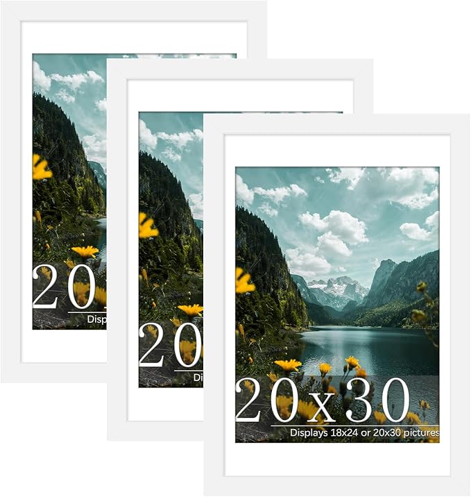 Picrit 20x30 Frame 3 Pack, White Poster Frame, Display Poster 18 x 24 with Mat or 20 x 30 without Mat for Horizontal or Vertical Wall Mounting