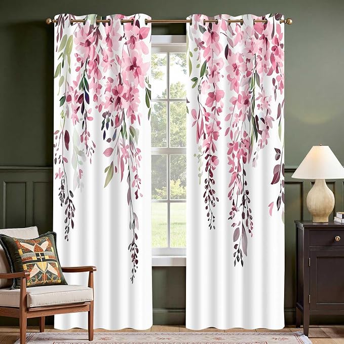 Pink Watercolor Floral Curtains, Botanical Leaves Vine Flowers Curtain, Rustic Farmhouse Flower Leaf Blackout Window Treatment Drapes for Bedroom Living Room 42x90 inch, 2 Panels