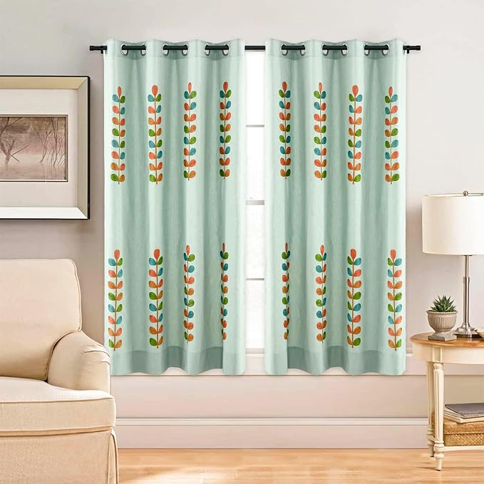 VOGOL 52x63 Light Filtering Curtains, Leaf Embroidered Grommet Panels for Living Room Bedroom, Farmhouse Window Treatments, Blue, 2 Panels