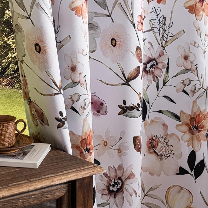 Floral Print 100% Blackout Curtains 84 inch Long 2 Panels, White Botanical Pattern Thermal Insulated Room Darkening Window Drapes, Grommet Top Privacy Curtains for Bedroom Living Room, 52"W x 84"L