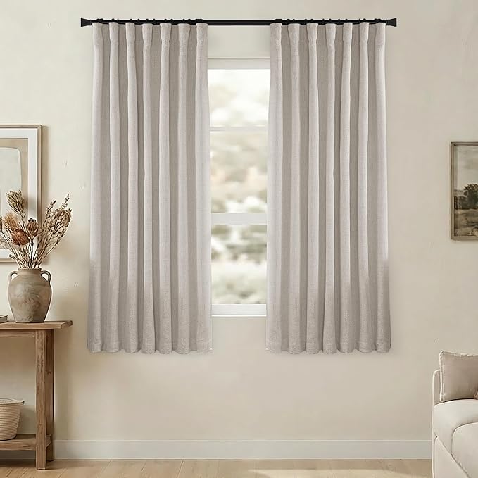 63 Inch Length Natural Linen Blackout Curtains, Rod Pocket Black Out Thermal Insulated Curtain Drapes for Bedroom 63 in Long 2 Panels Set